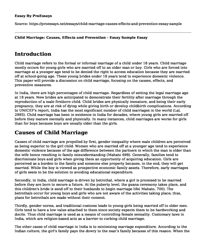 Child Marriage: Causes, Effects and Prevention - Essay Sample