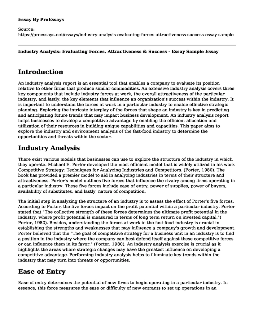 Industry Analysis: Evaluating Forces, Attractiveness & Success - Essay Sample