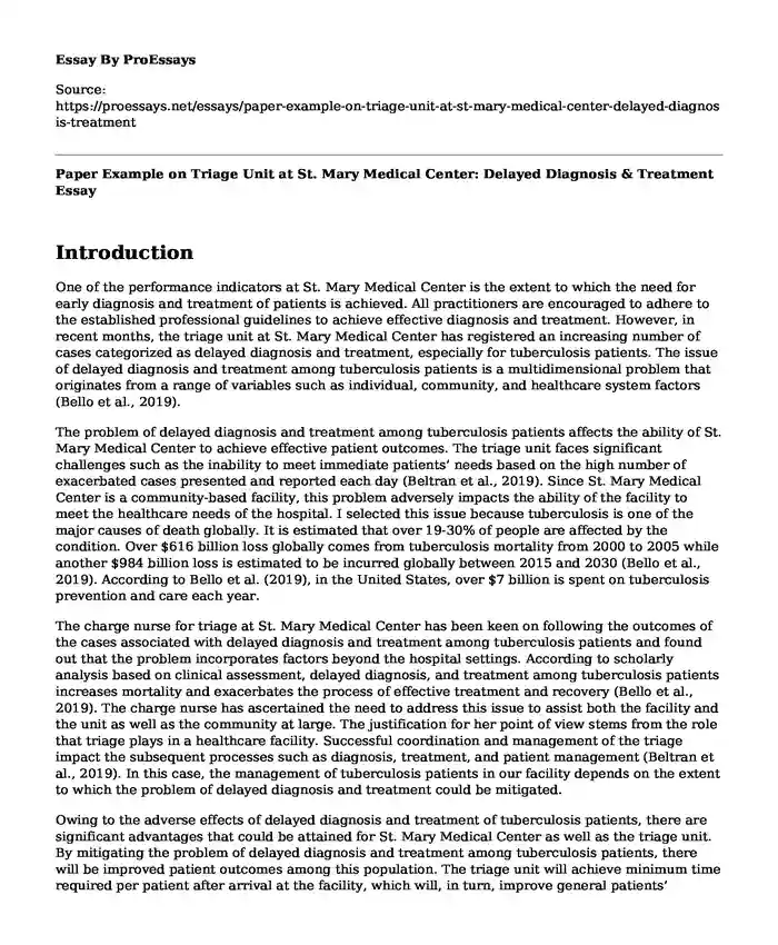 Paper Example on Triage Unit at St. Mary Medical Center: Delayed Diagnosis & Treatment