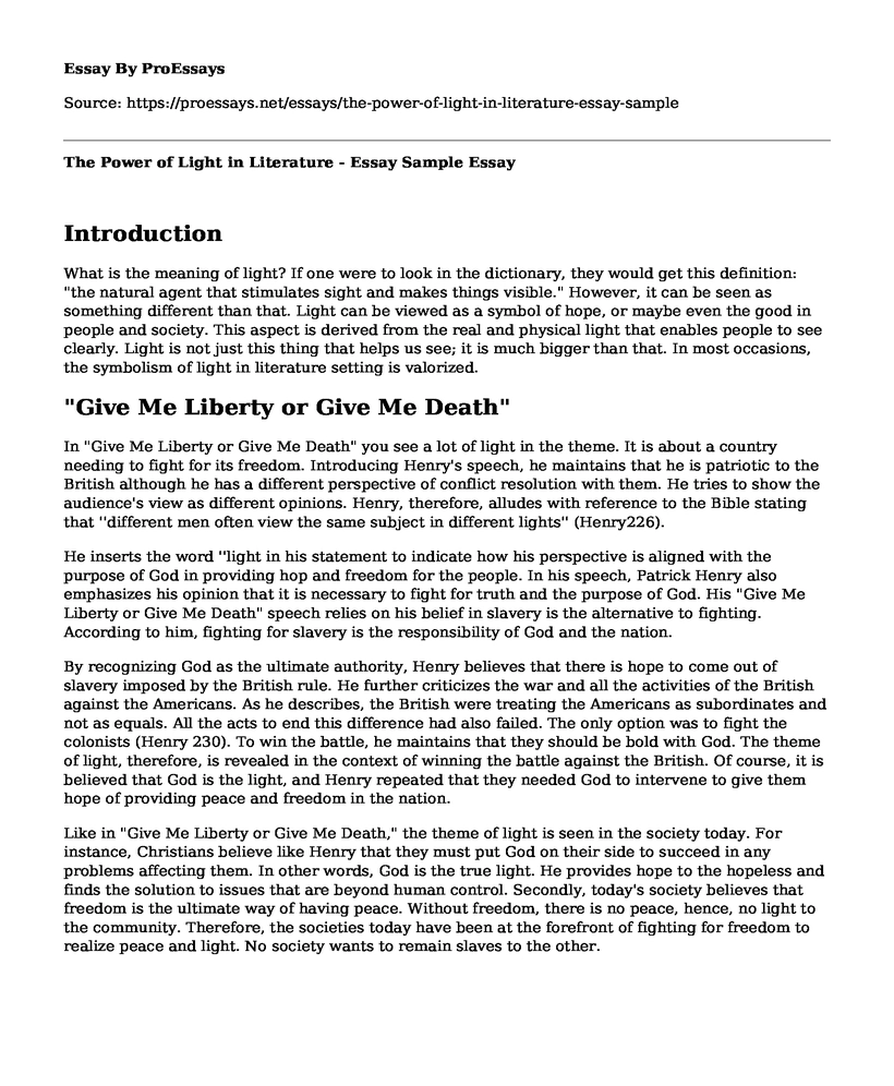 The Power of Light in Literature - Essay Sample