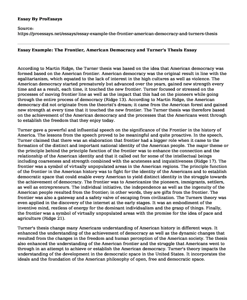 Essay Example: The Frontier, American Democracy and Turner's Thesis