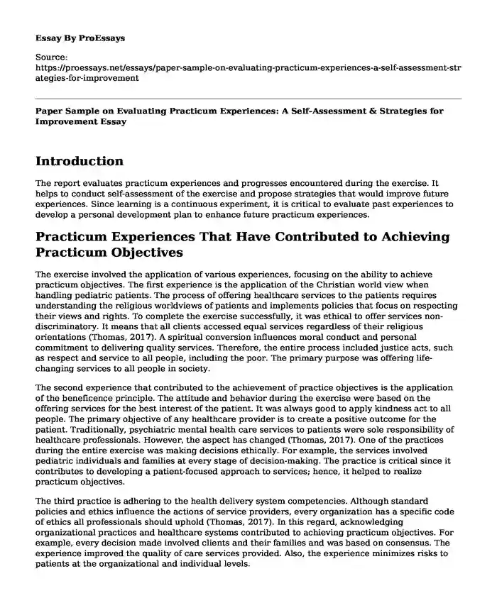 Paper Sample on Evaluating Practicum Experiences: A Self-Assessment & Strategies for Improvement