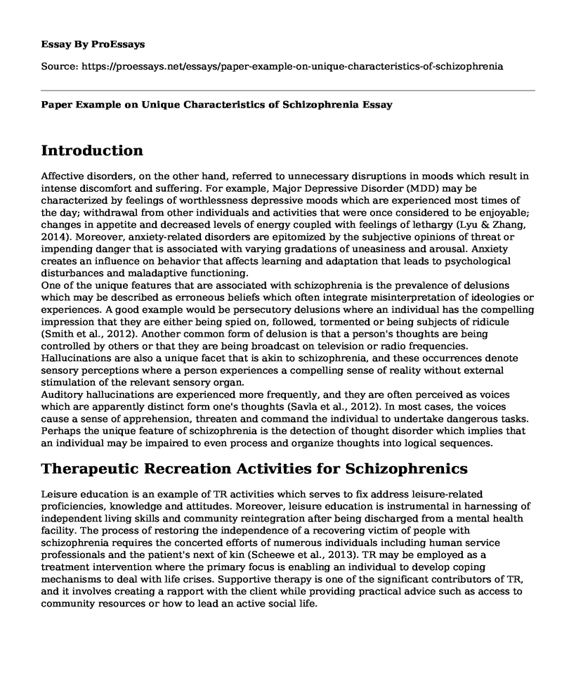 Paper Example on Unique Characteristics of Schizophrenia