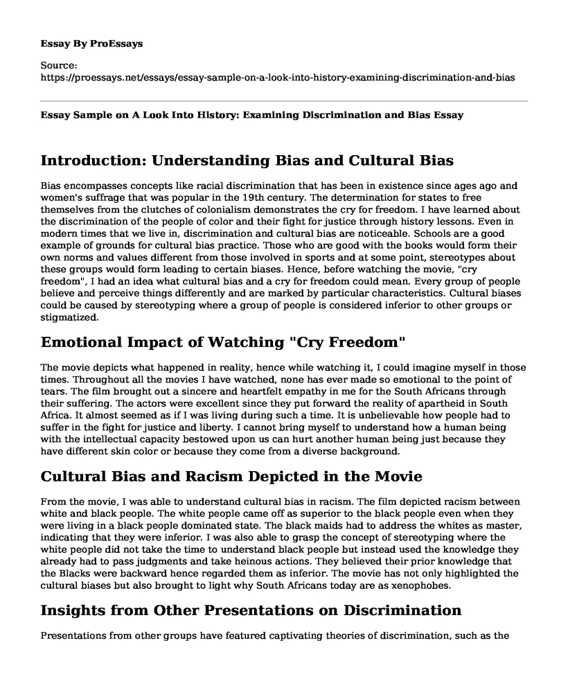 Essay Sample on A Look Into History: Examining Discrimination and Bias