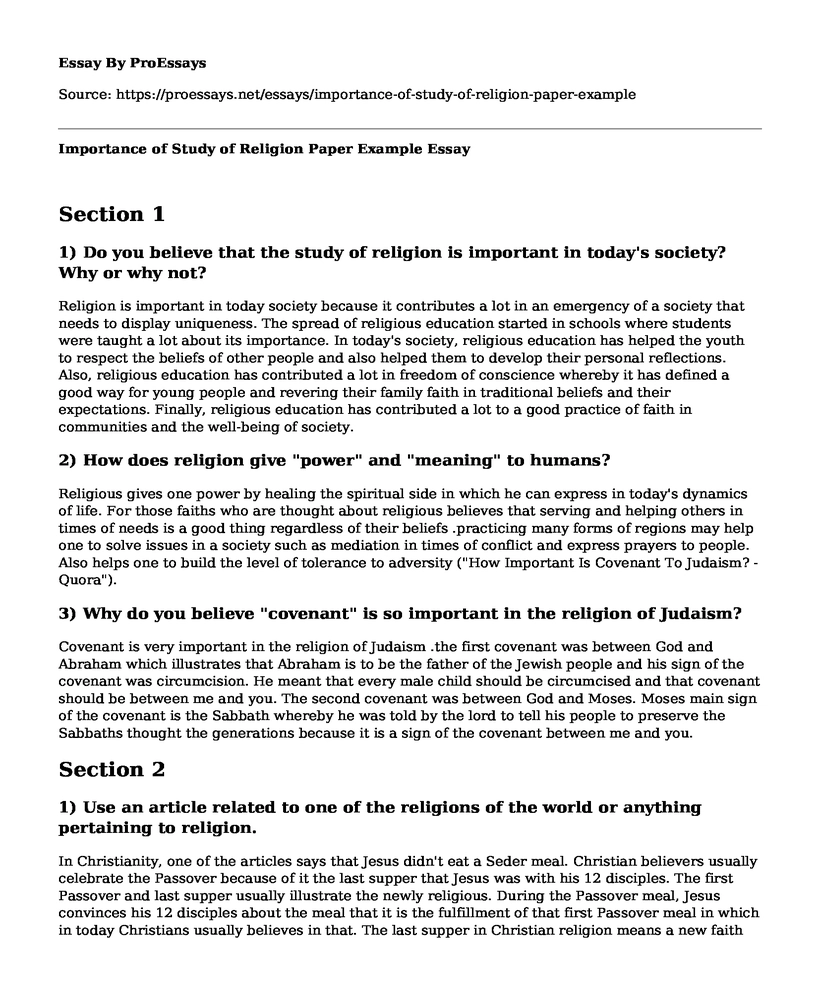 Importance of Study of Religion Paper Example