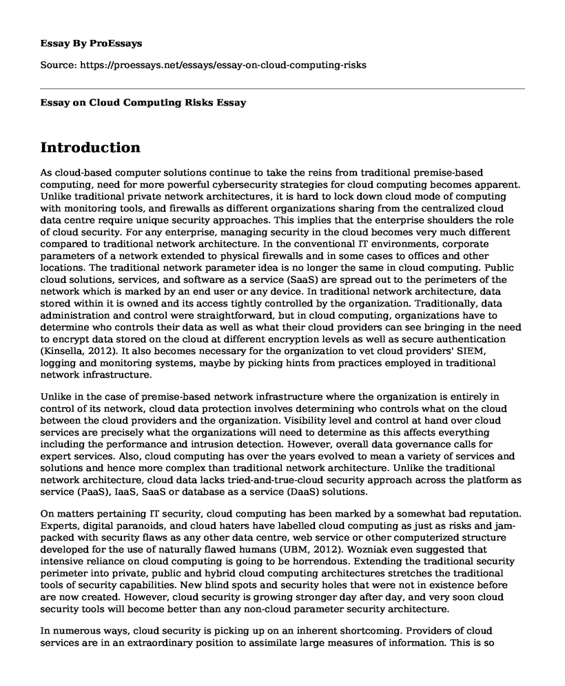 Essay on Cloud Computing Risks