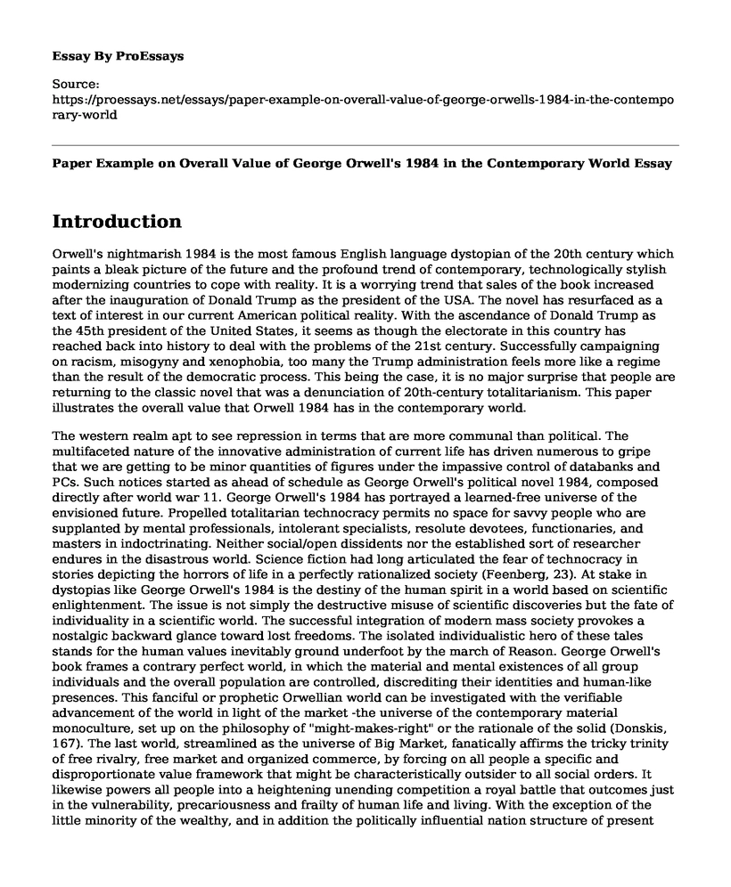 Paper Example on Overall Value of George Orwell's 1984 in the Contemporary World