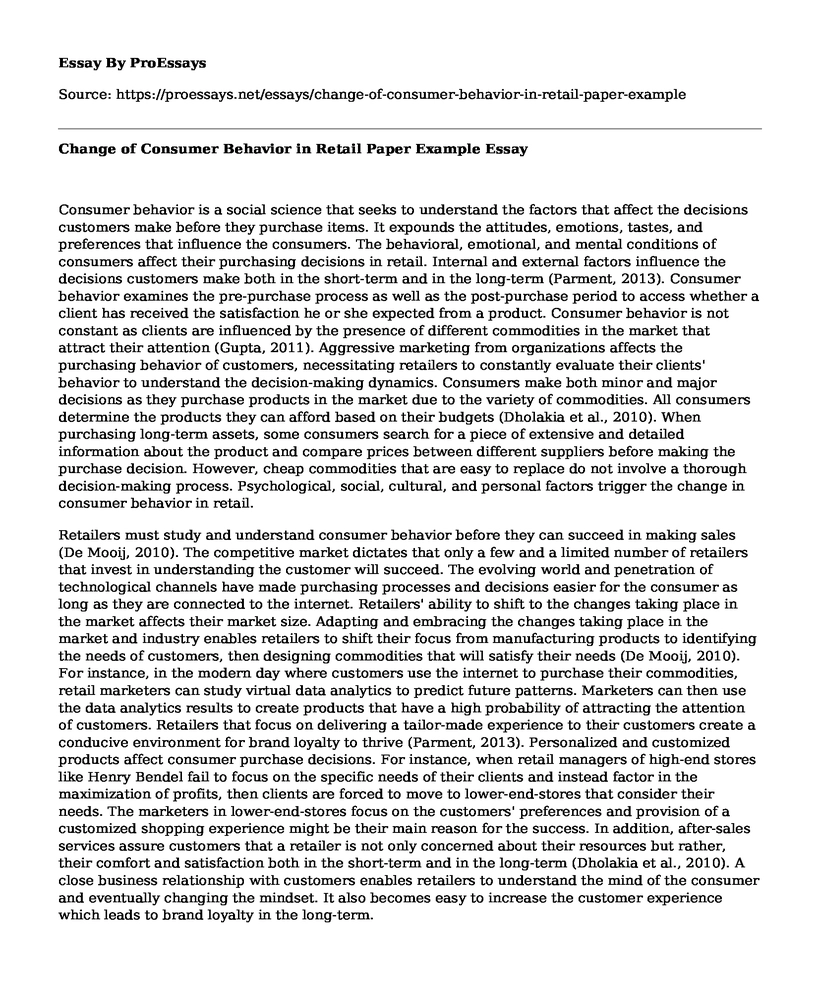 Change of Consumer Behavior in Retail Paper Example