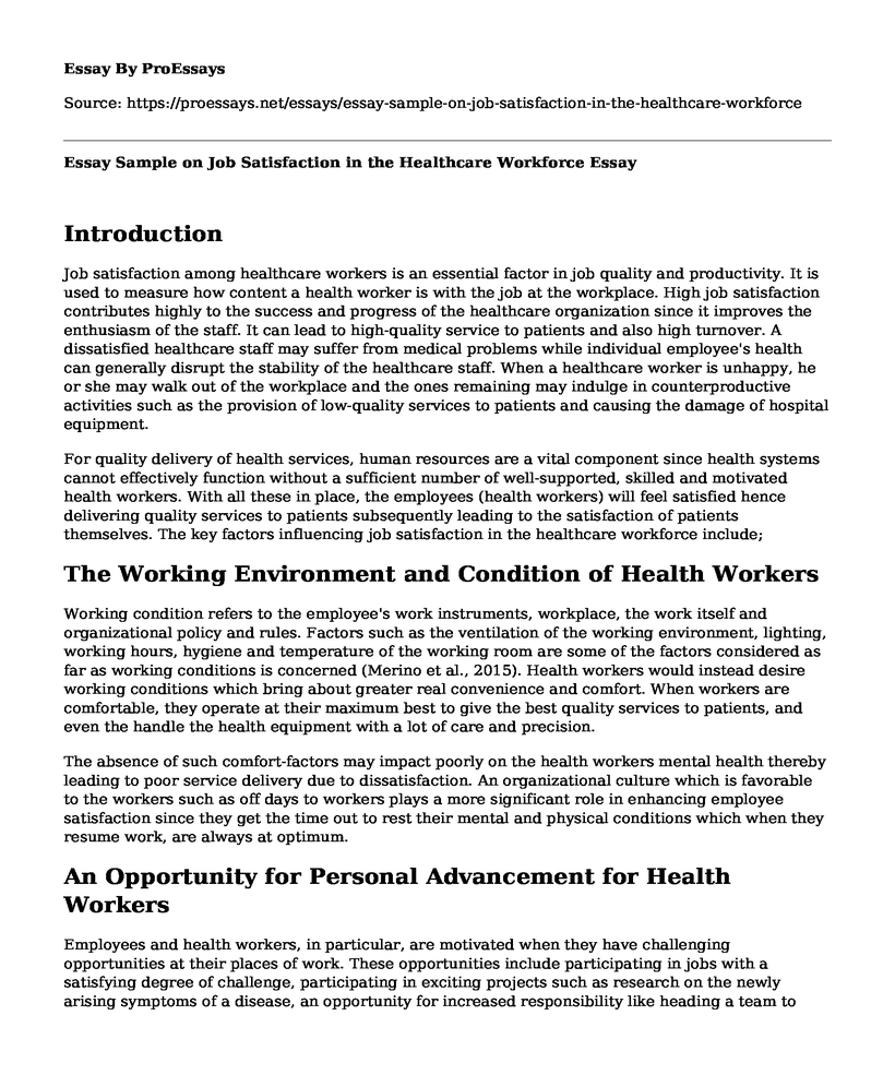 Essay Sample on Job Satisfaction in the Healthcare Workforce