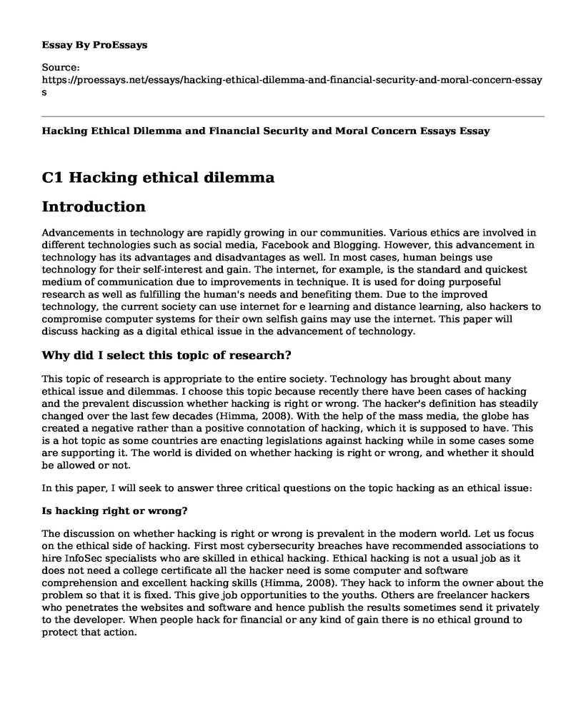 Hacking Ethical Dilemma and Financial Security and Moral Concern Essays
