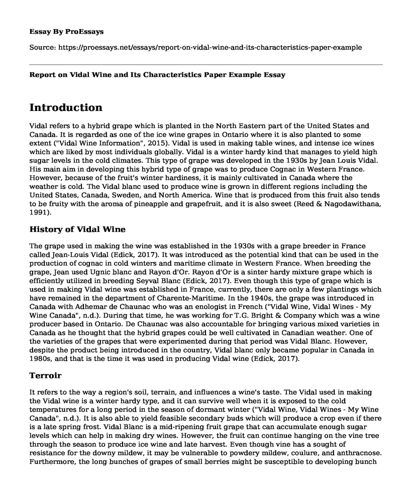 Report on Vidal Wine and Its Characteristics Paper Example