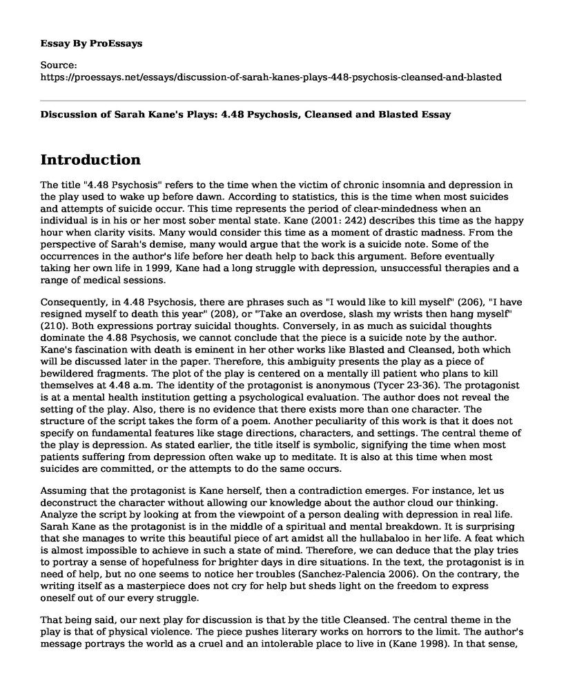 Discussion of Sarah Kane's Plays: 4.48 Psychosis, Cleansed and Blasted