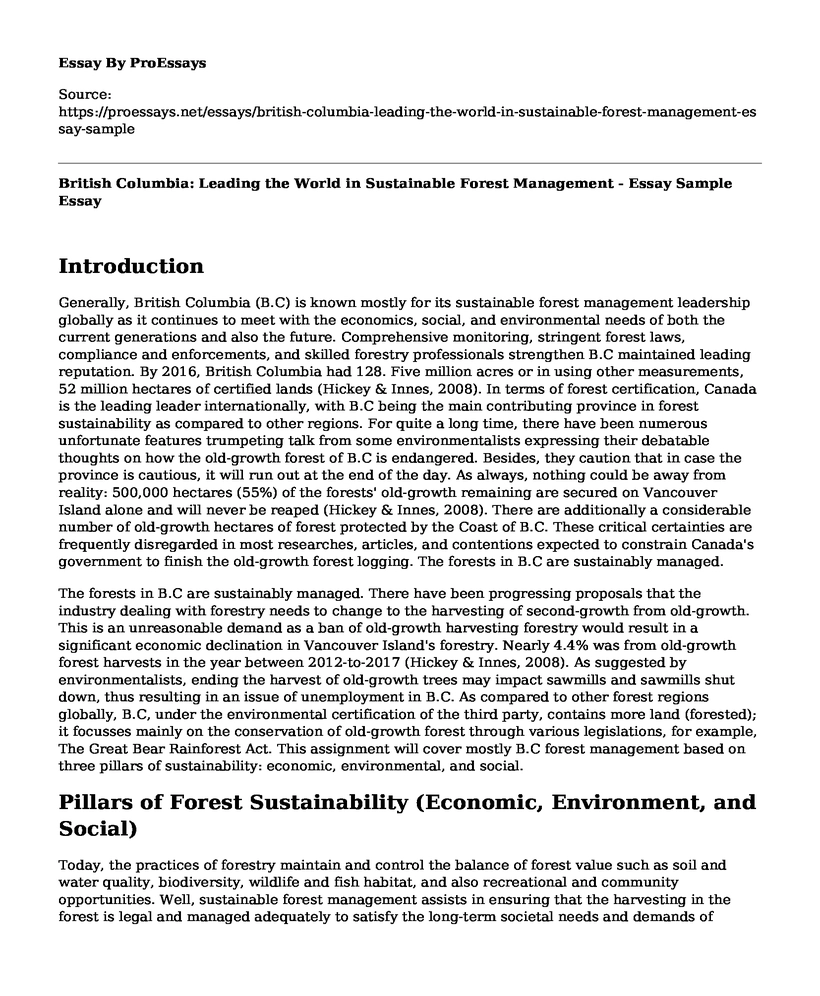 British Columbia: Leading the World in Sustainable Forest Management - Essay Sample