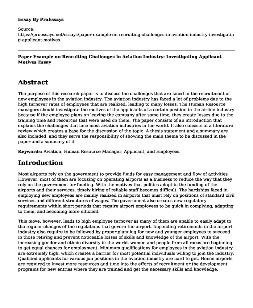 Paper Example on Recruiting Challenges in Aviation Industry: Investigating Applicant Motives