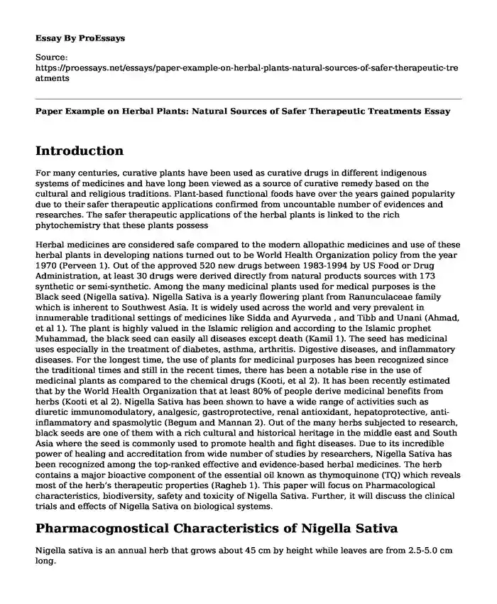 Paper Example on Herbal Plants: Natural Sources of Safer Therapeutic Treatments