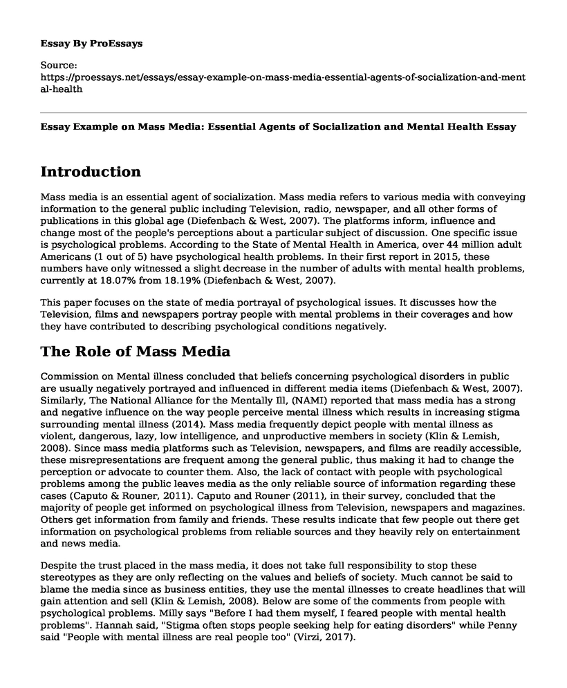 Essay Example on Mass Media: Essential Agents of Socialization and Mental Health