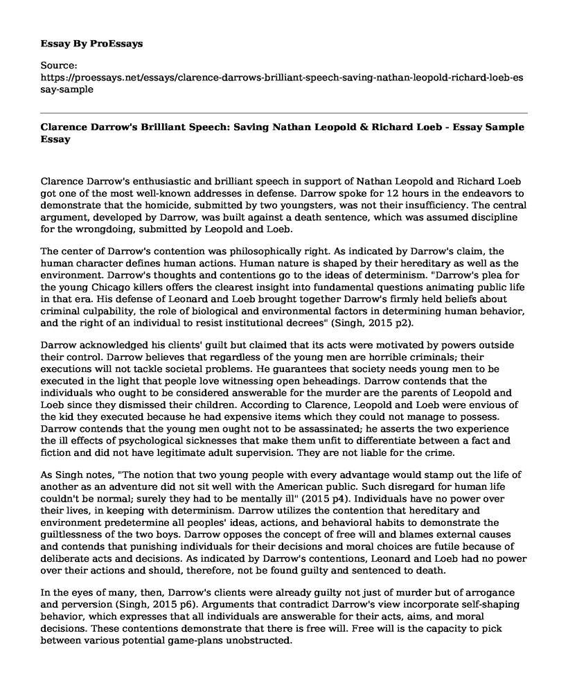 Clarence Darrow's Brilliant Speech: Saving Nathan Leopold & Richard Loeb - Essay Sample