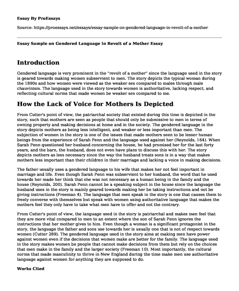 Essay Sample on Gendered Language in Revolt of a Mother