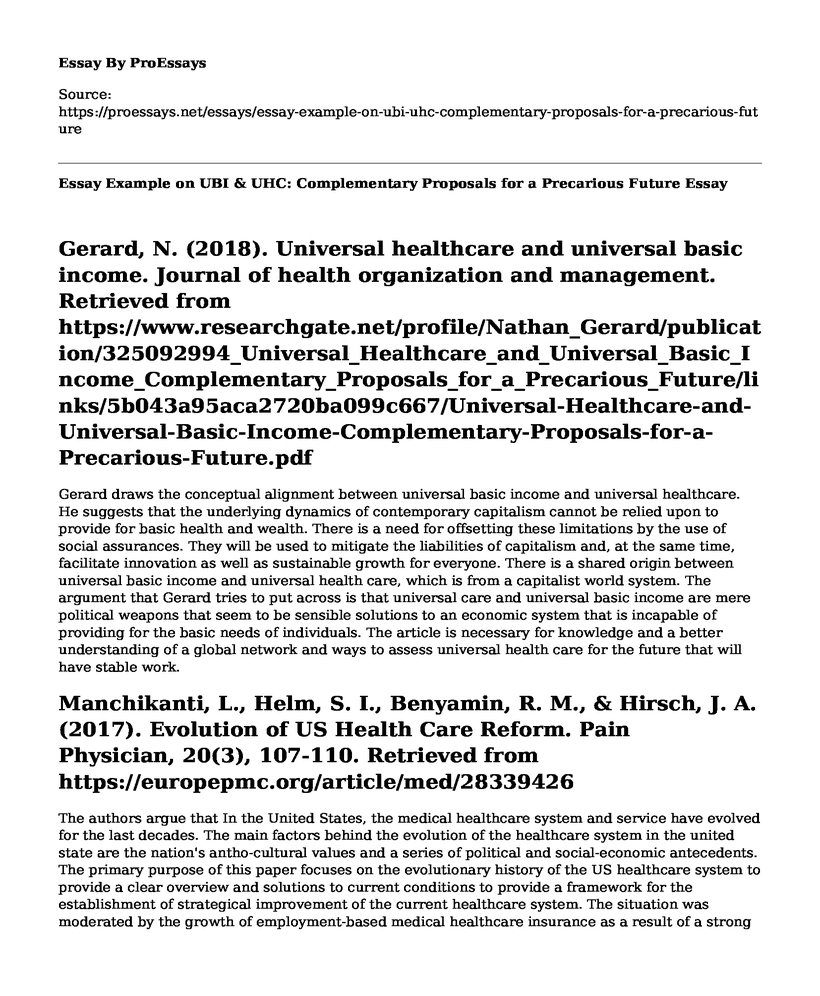 Essay Example on UBI & UHC: Complementary Proposals for a Precarious Future