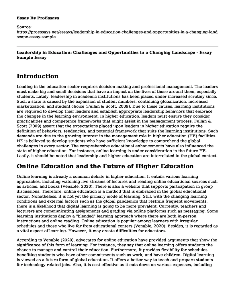 Leadership in Education: Challenges and Opportunities in a Changing Landscape - Essay Sample