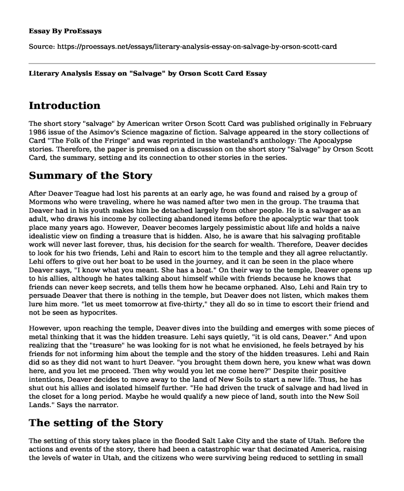 Literary Analysis Essay on "Salvage" by Orson Scott Card