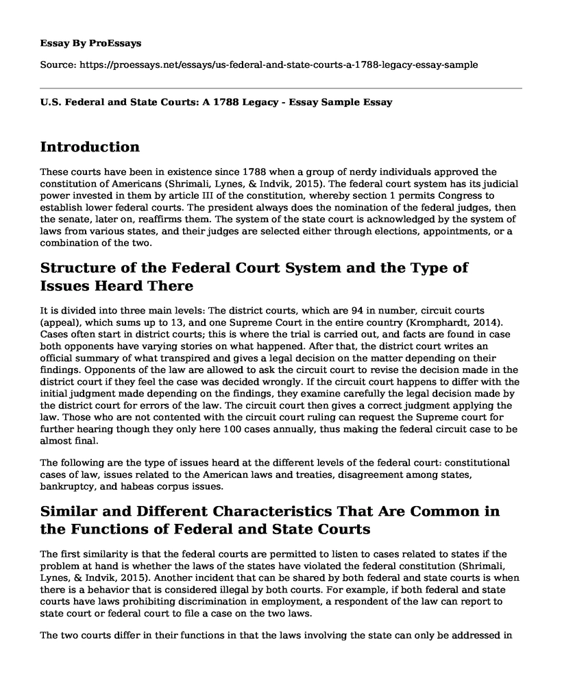 U.S. Federal and State Courts: A 1788 Legacy - Essay Sample