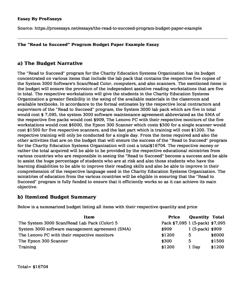 The "Read to Succeed" Program Budget Paper Example