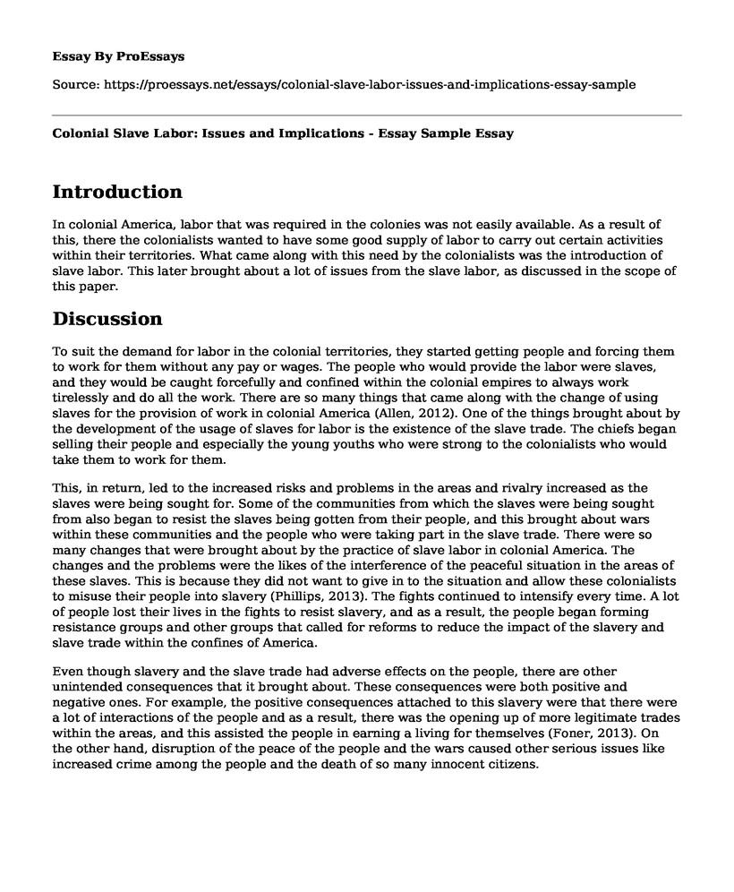 Colonial Slave Labor: Issues and Implications - Essay Sample
