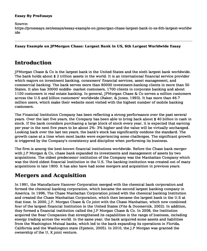 Essay Example on JPMorgan Chase: Largest Bank in US, 6th Largest Worldwide