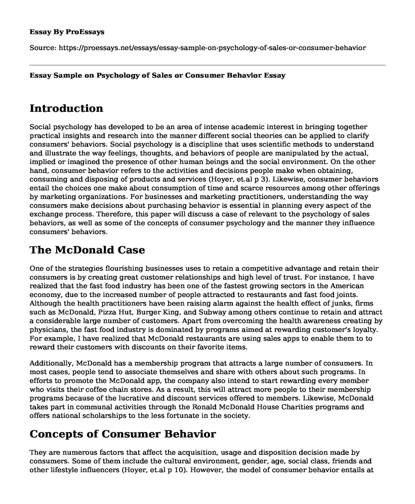 Essay Sample on Psychology of Sales or Consumer Behavior