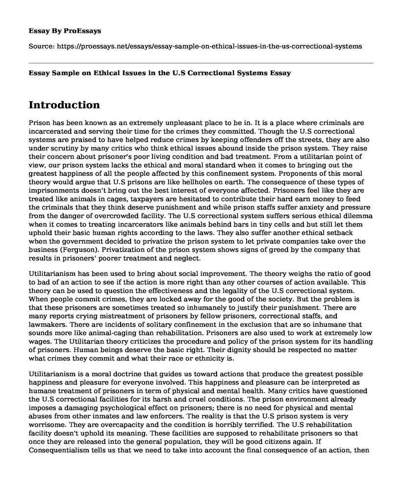 Essay Sample on Ethical Issues in the U.S Correctional Systems