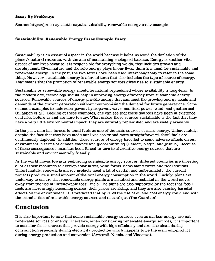 Sustainability: Renewable Energy Essay Example