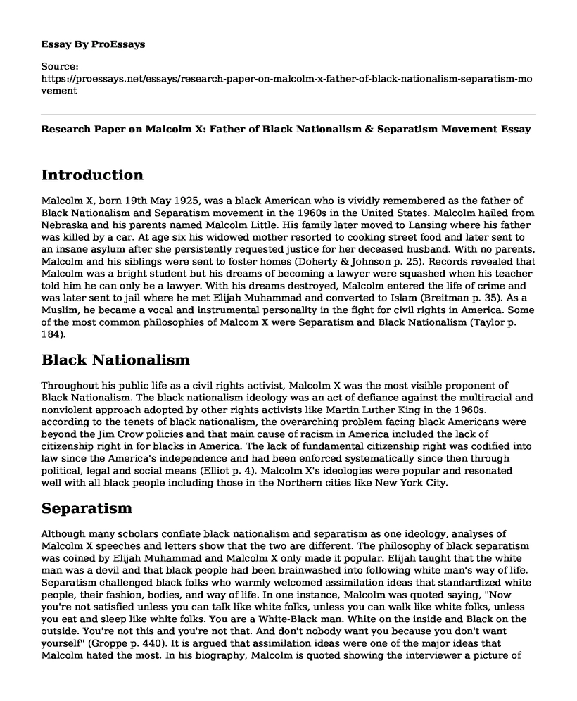 Research Paper on Malcolm X: Father of Black Nationalism & Separatism Movement