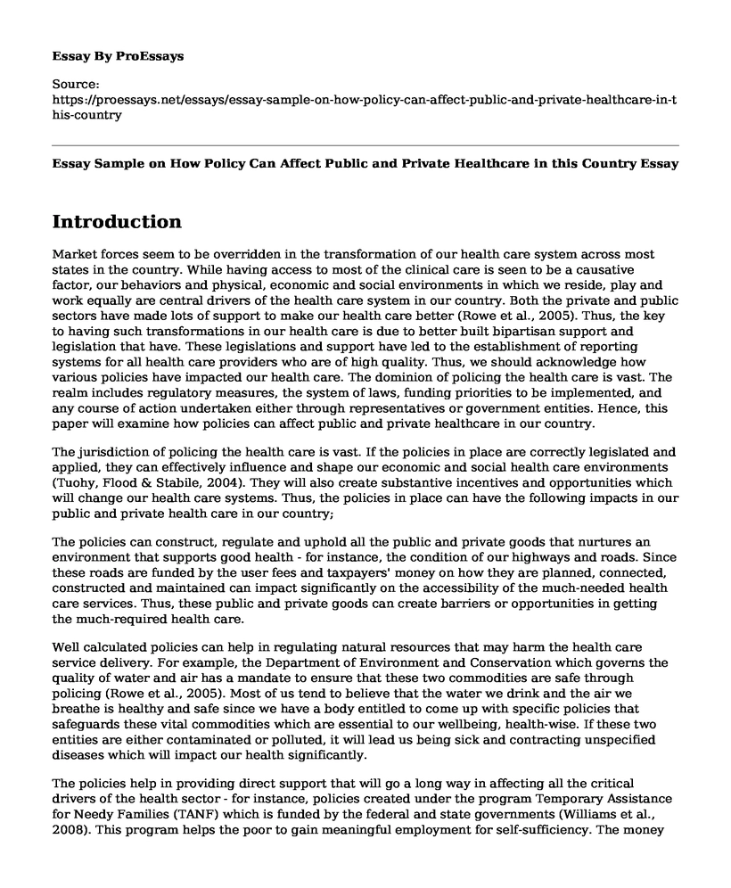 Essay Sample on How Policy Can Affect Public and Private Healthcare in this Country