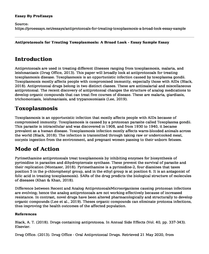 Antiprotozoals for Treating Toxoplasmosis: A Broad Look - Essay Sample