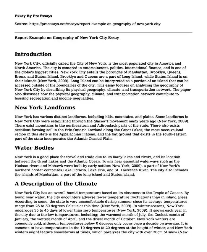 Report Example on Geography of New York City