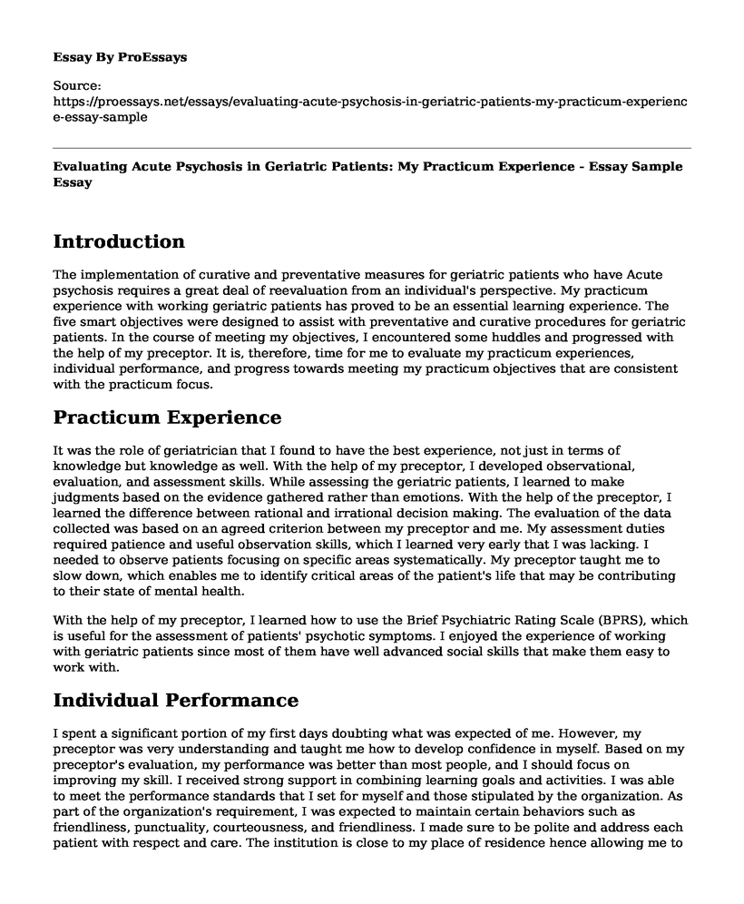 Evaluating Acute Psychosis in Geriatric Patients: My Practicum Experience - Essay Sample