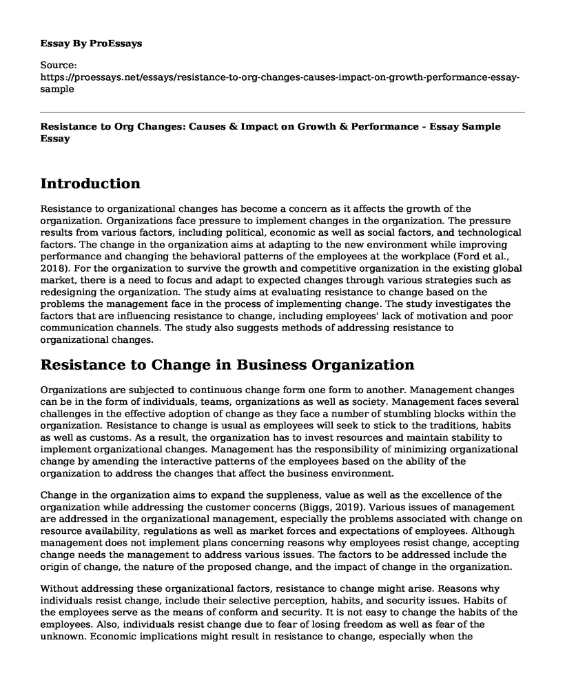 Resistance to Org Changes: Causes & Impact on Growth & Performance - Essay Sample