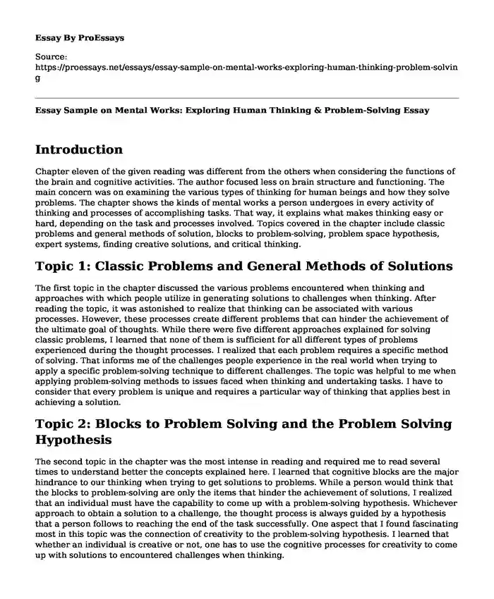 Essay Sample on Mental Works: Exploring Human Thinking & Problem-Solving