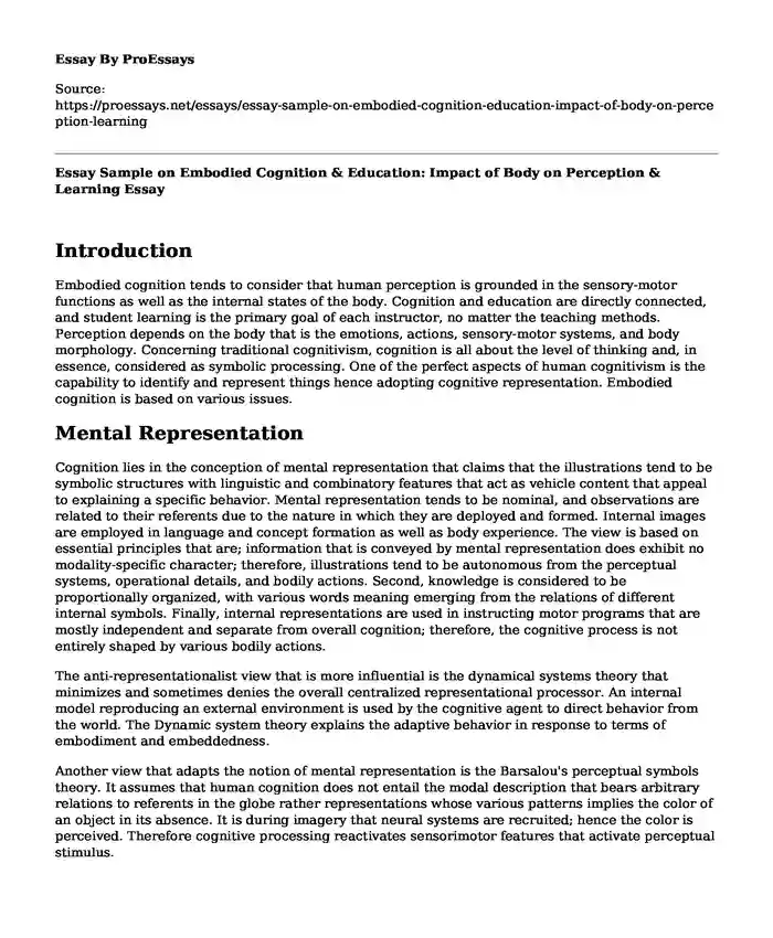 Essay Sample on Embodied Cognition & Education: Impact of Body on Perception & Learning