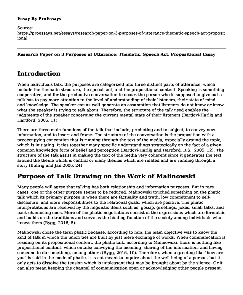 Research Paper on 3 Purposes of Utterance: Thematic, Speech Act, Propositional