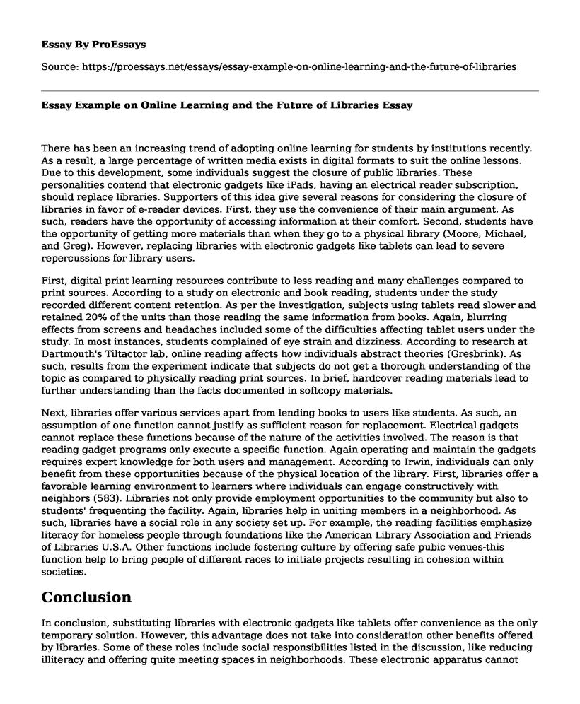 Essay Example on Online Learning and the Future of Libraries