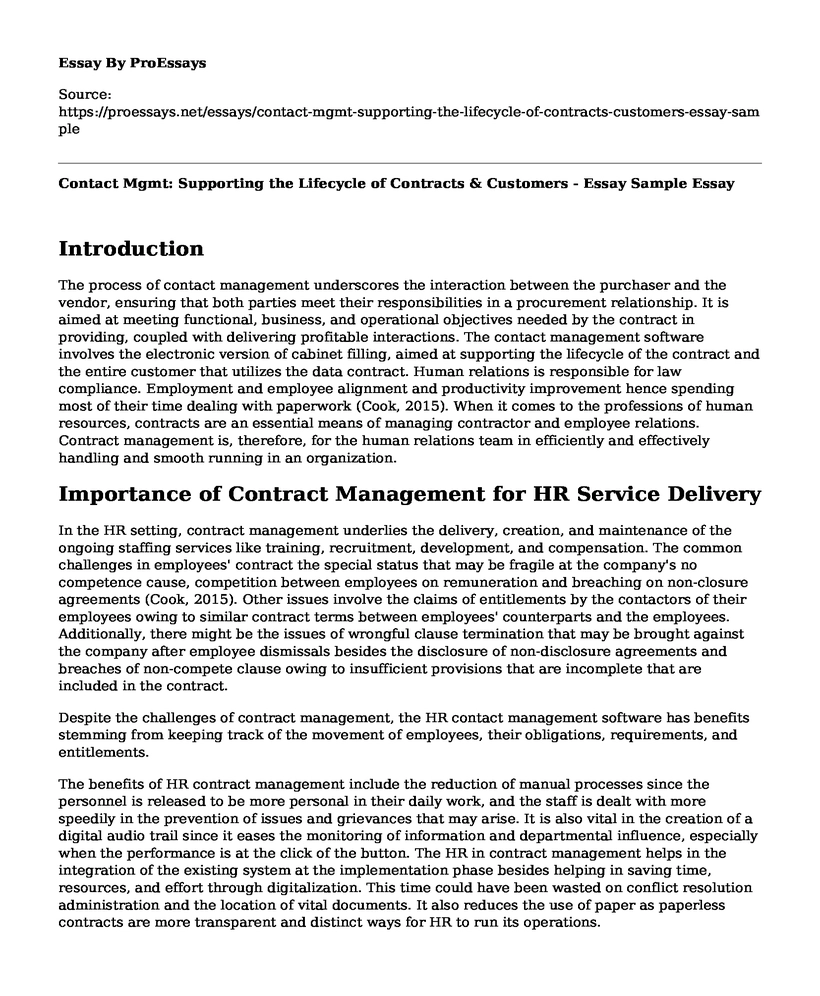 Contact Mgmt: Supporting the Lifecycle of Contracts & Customers - Essay Sample