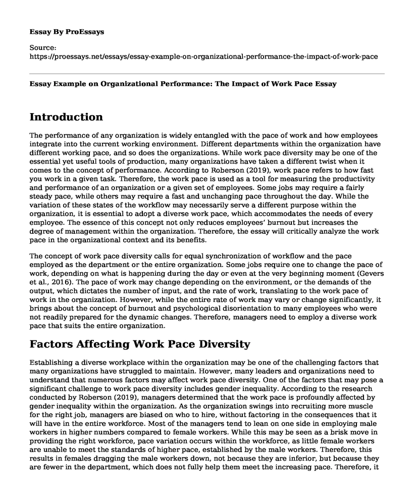 Essay Example on Organizational Performance: The Impact of Work Pace