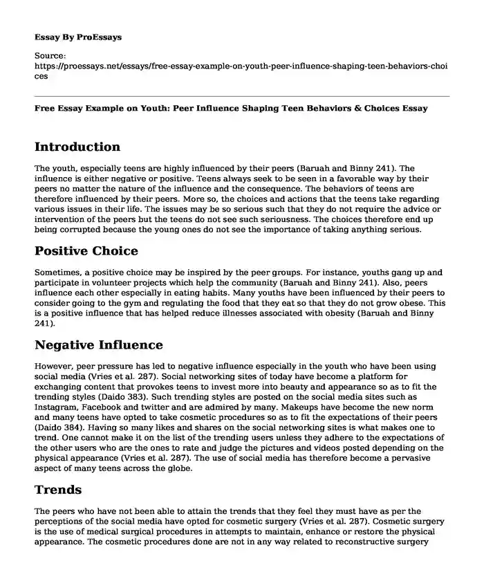 Free Essay Example on Youth: Peer Influence Shaping Teen Behaviors & Choices