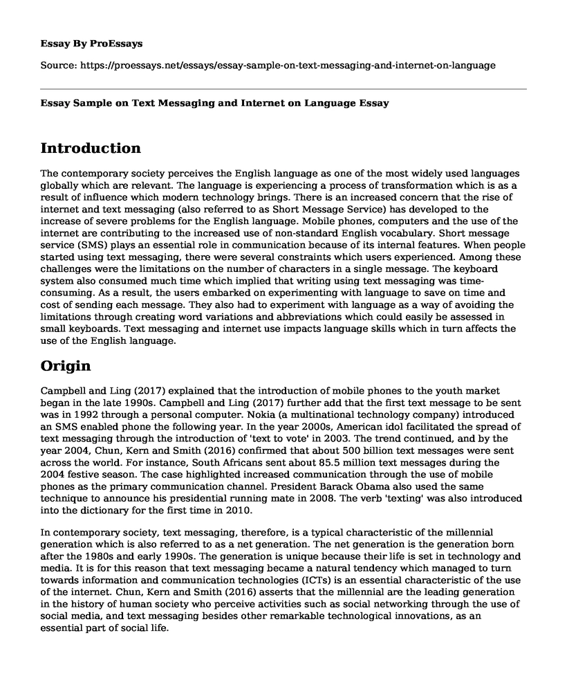 Essay Sample on Text Messaging and Internet on Language