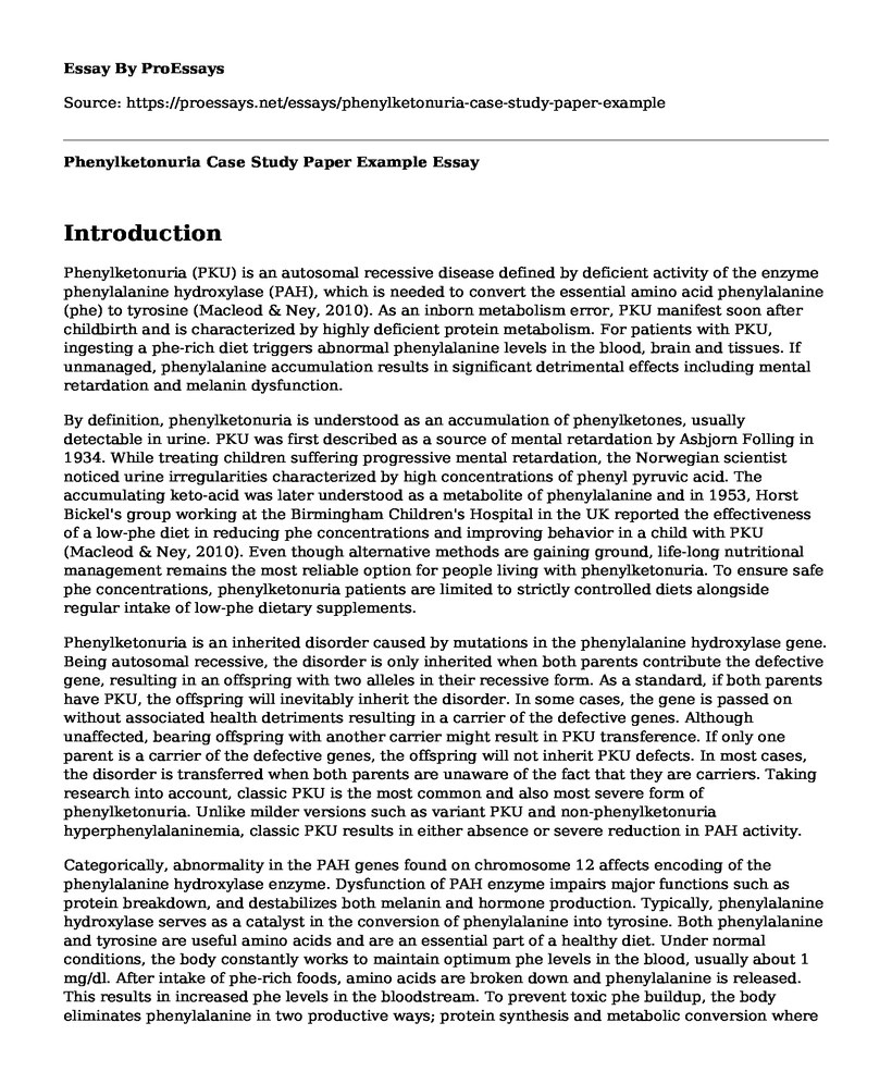 Phenylketonuria Case Study Paper Example