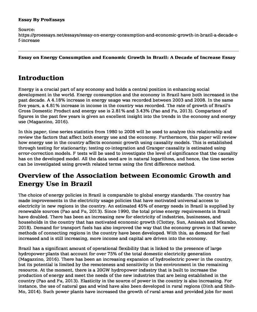 Essay on Energy Consumption and Economic Growth in Brazil: A Decade of Increase