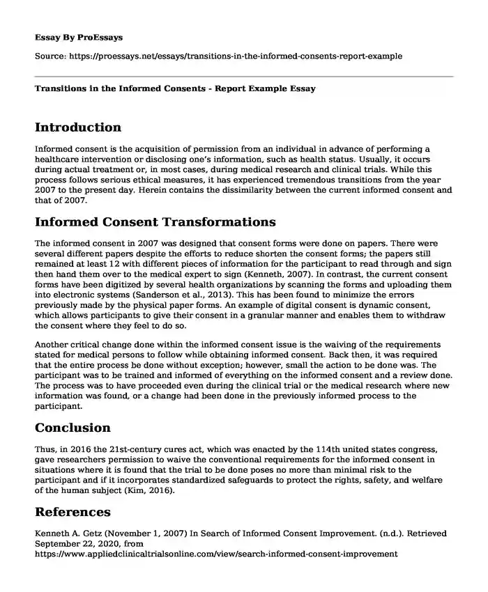 Transitions in the Informed Consents - Report Example