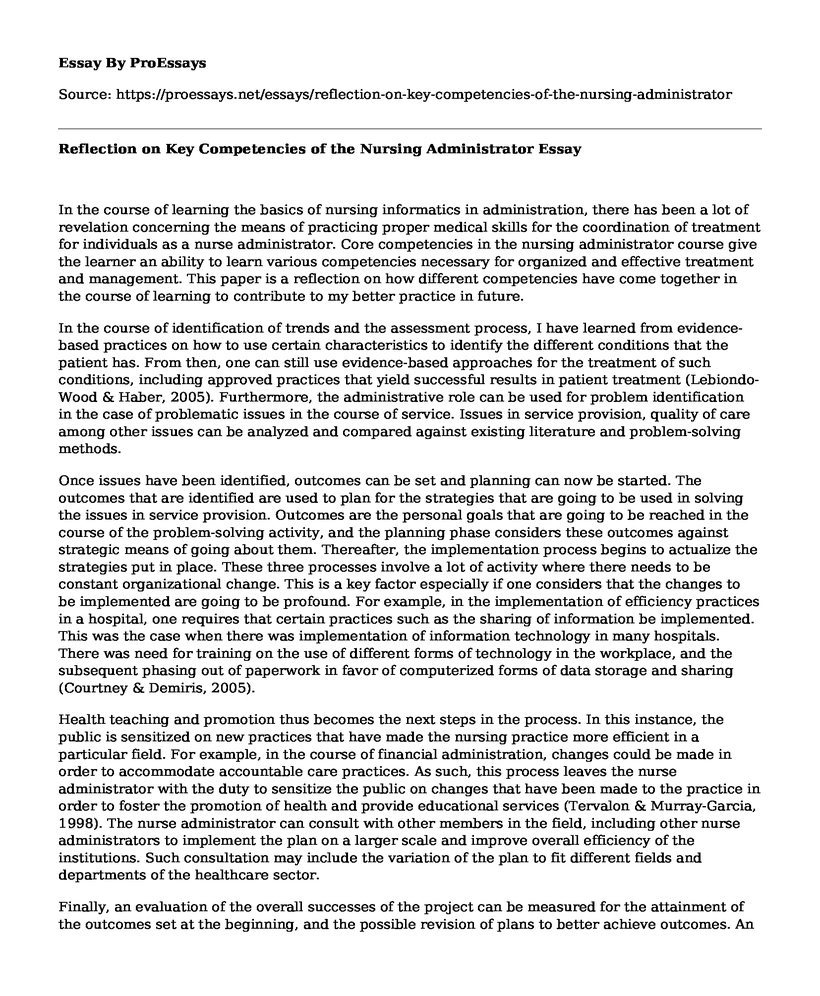 Reflection on Key Competencies of the Nursing Administrator